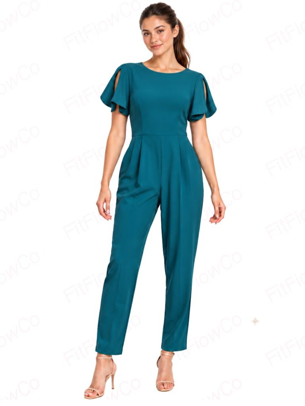 Elegant Calvin Klein jumpsuit in a rich teal green shade, featuring a classic ro